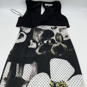 Trina Turk Dress Floral Black White V Neck Sleeveless Mini Perforated Size 6